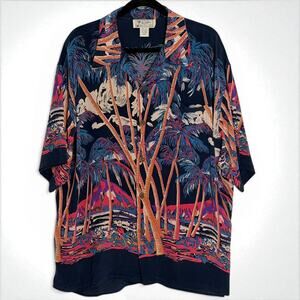 Avanti Silk Hawaiian Shirt XXL Palm Tree Scenic Navy Neon Tropical Aloha Y2K